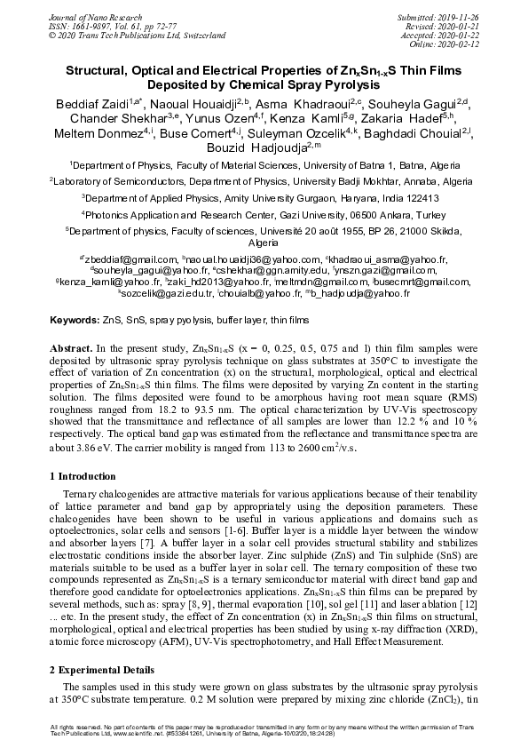 (PDF) Structural, Optical and Electrical Properties of Zn x Sn 1-x S ...