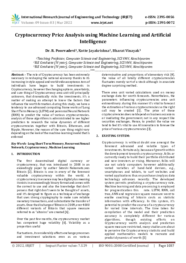 (PDF) Cryptocurrency Price Analysis using Machine Learning and ...
