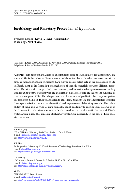 (PDF) Exobiology and Planetary Protection of icy moons