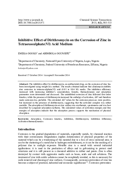 (PDF) Inhibitive Effect of Dirithromycin on the Corrosion of Zinc in