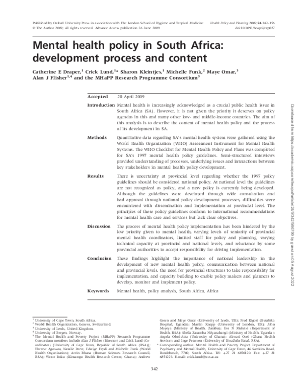 (PDF) Mental health policy in South Africa: development process and content