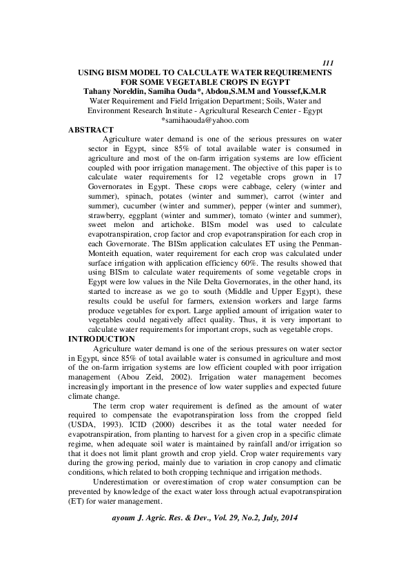 (PDF) Using Bism Model to Calculate Water Requirements for Some ...