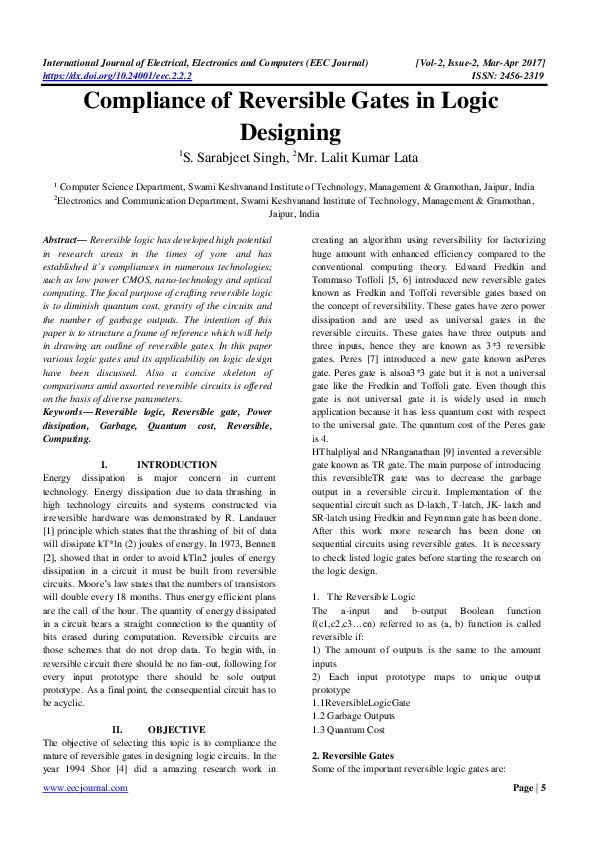 (PDF) Compliance of Reversible Gates in Logic Designing
