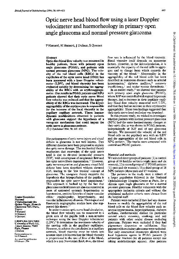 (PDF) Optic nerve head blood flow using a laser Doppler velocimeter and ...