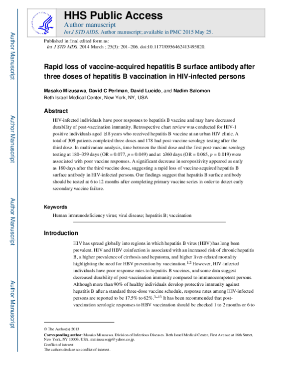 (PDF) Rapid loss of vaccine-acquired hepatitis B surface antibody after ...