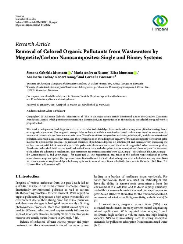 (PDF) Removal of Colored Organic Pollutants from Wastewaters by ...