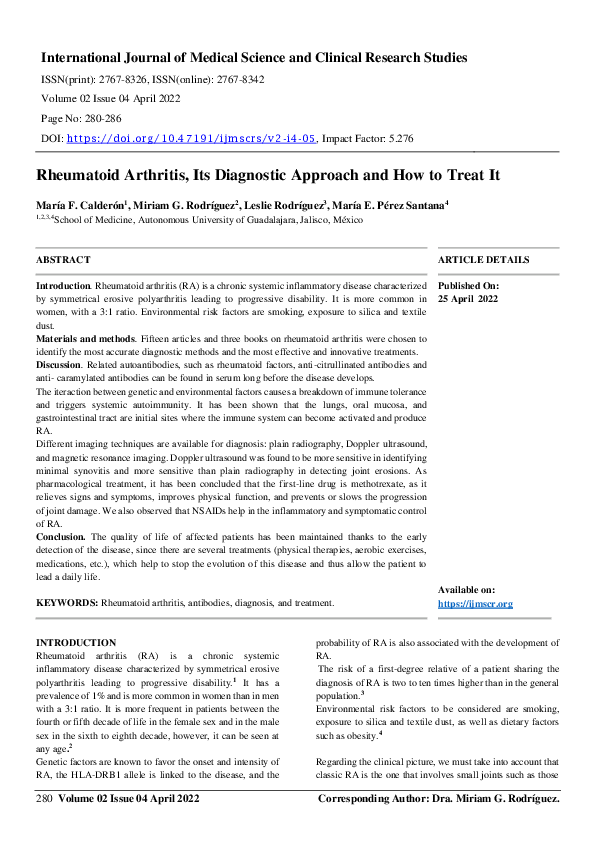 (PDF) Rheumatoid Arthritis, Its Diagnostic Approach and How to treat it
