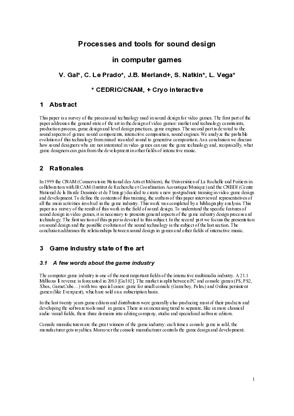 (PDF) Processes and tools for sound design in computer games