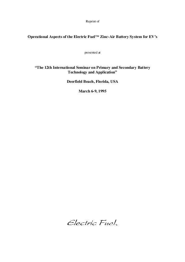(PDF) Operational Aspects of the Electric Fuel ZincAir Battery System