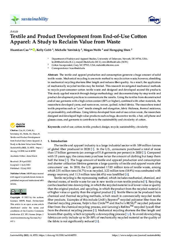 (PDF) Textile and Product Development from End-of-Use Cotton Apparel: A ...