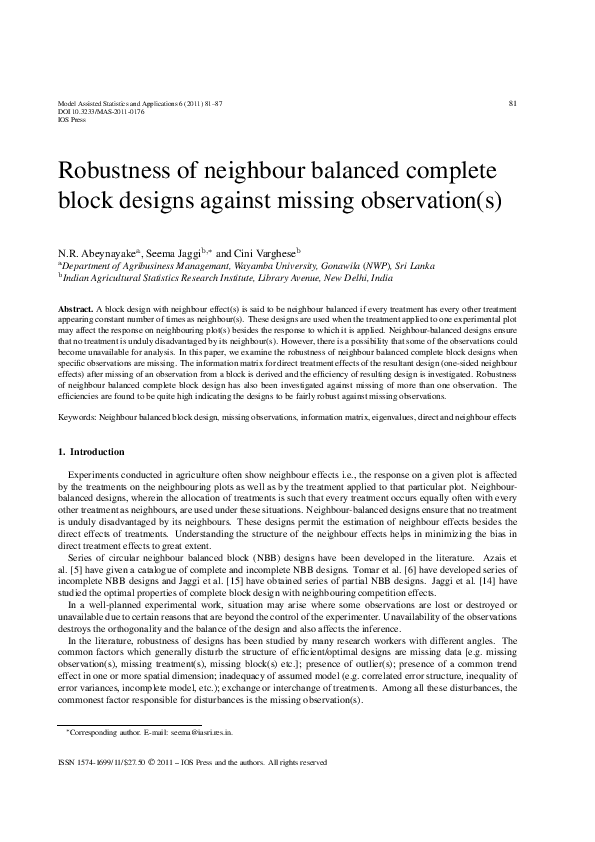 (PDF) Robustness of neighbour balanced complete block designs against ...
