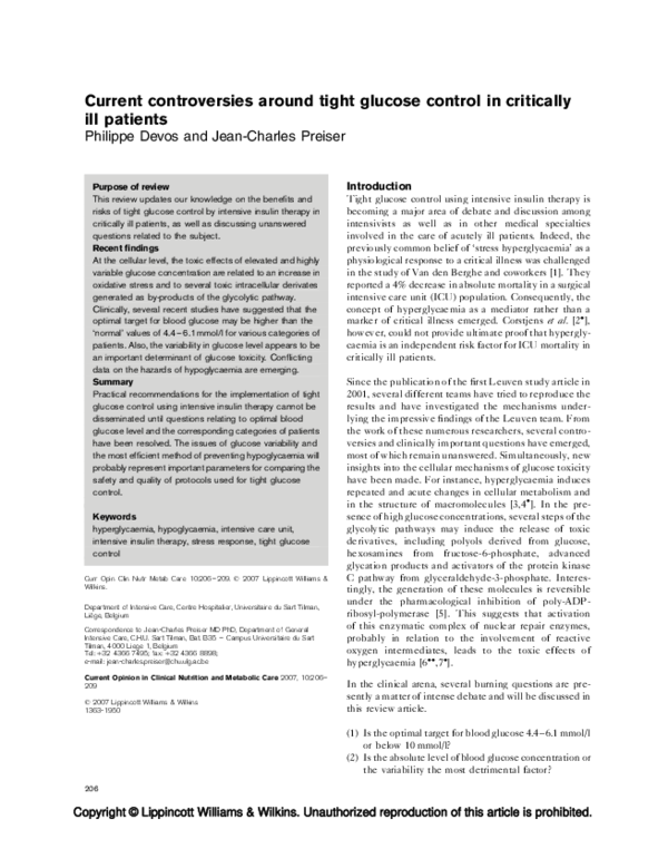 (PDF) Current controversies around tight glucose control in critically ...