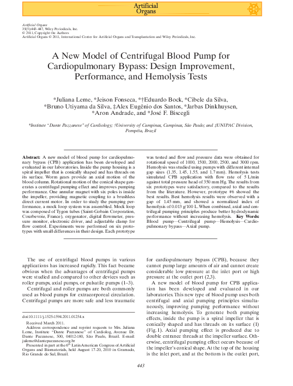(PDF) A New Model of Centrifugal Blood Pump for Cardiopulmonary Bypass