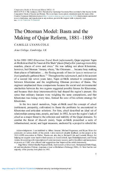 (PDF) The Ottoman Model: Basra and the Making of Qajar Reform, 1881-1889