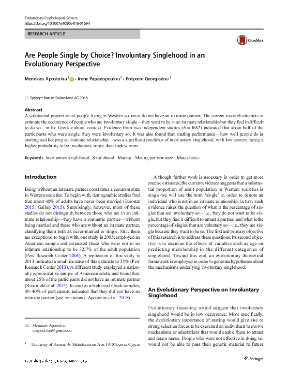 (PDF) Are People Single by Choice? Involuntary Singlehood in an ...