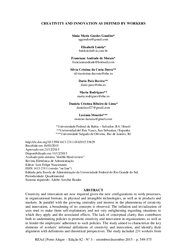 (PDF) CREATIVITY AND INNOVATION AS DEFINED BY WORKERS