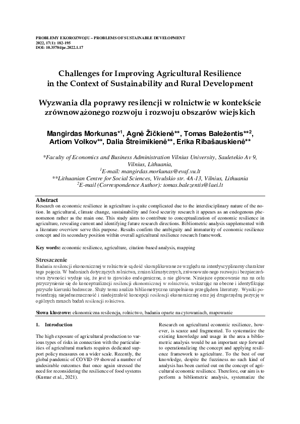 (PDF) Challenges for Improving Agricultural Resilience in the Context ...
