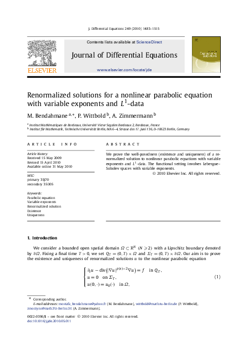 (PDF) Renormalized solutions for a nonlinear parabolic equation with ...