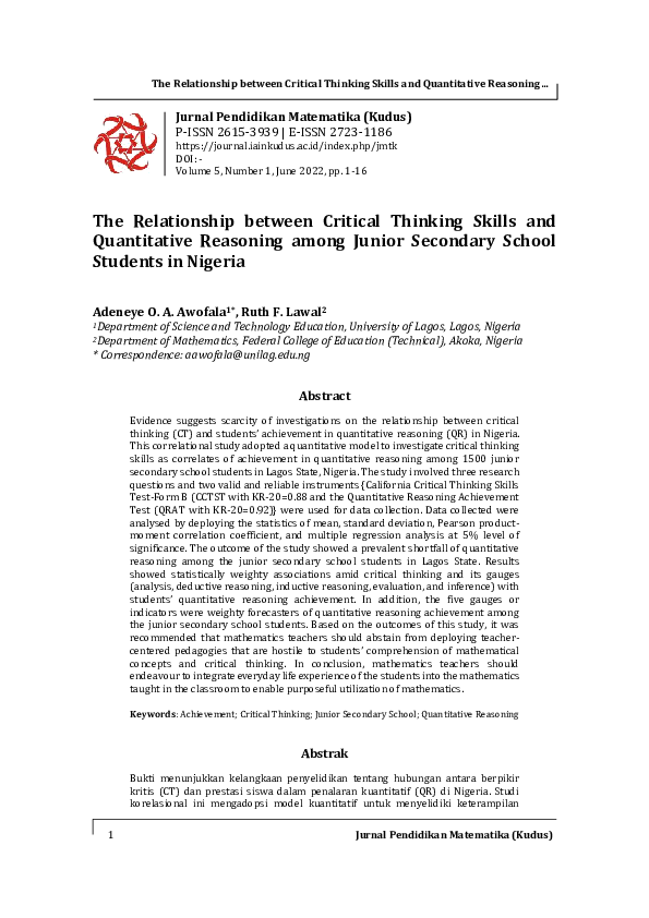 (PDF) The Relationship between Critical Thinking Skills and ...