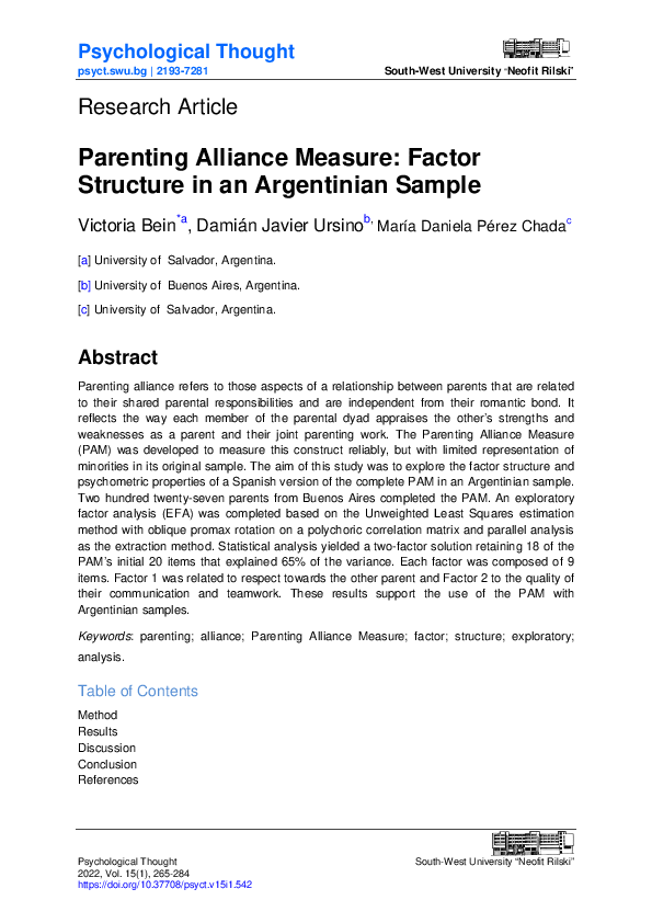 (PDF) Parenting Alliance Measure: Factor Structure in an Argentinian Sample