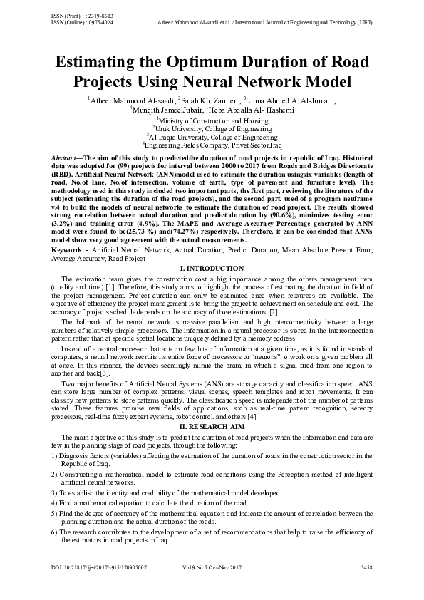 (PDF) Estimating the Optimum Duration of Road Projects Using Neural ...