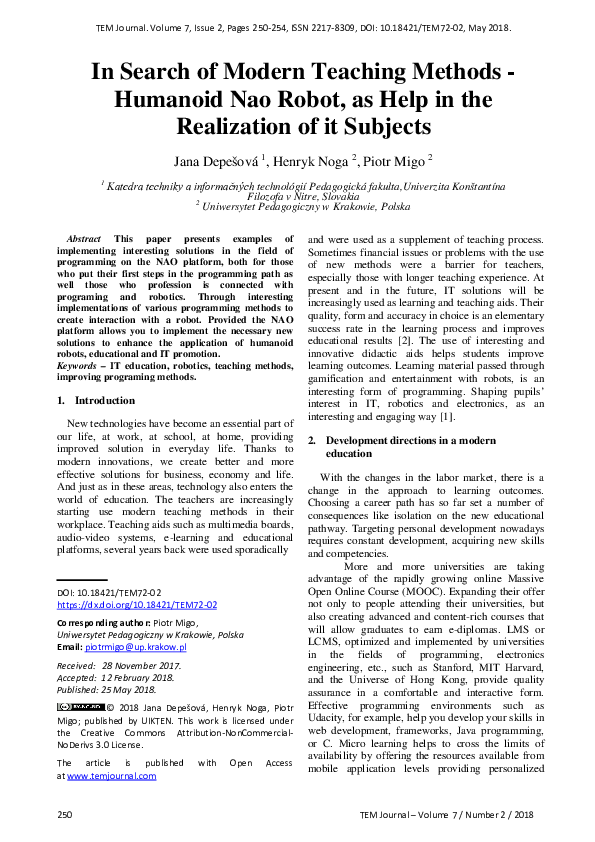 (PDF) In Search of Modern Teaching Methods - Humanoid Nao Robot, as ...