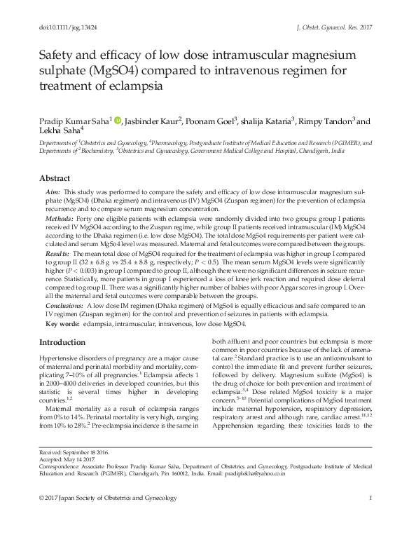 (PDF) Safety and efficacy of low dose intramuscular magnesium sulphate