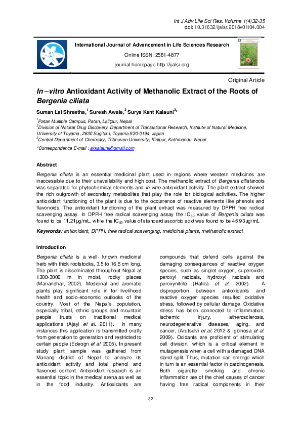 (PDF) In –vitro Antioxidant Activity of Methanolic Extract of the Roots ...