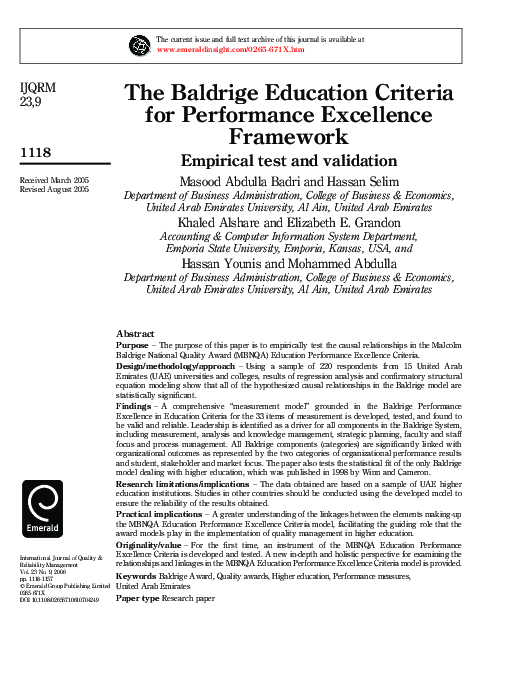 (PDF) The Baldrige Education Criteria for Performance Excellence Framework
