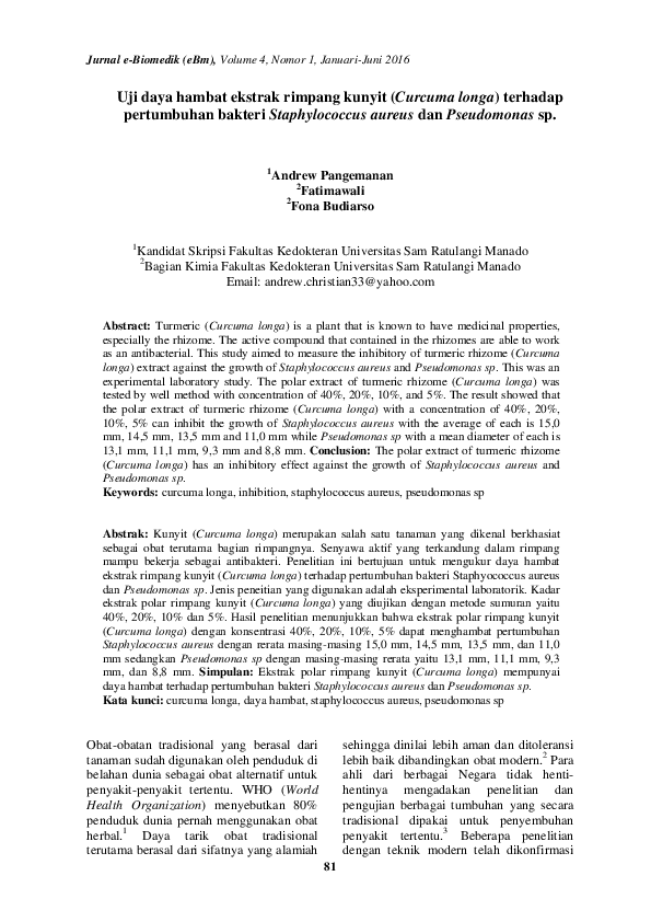 (PDF) Uji daya hambat ekstrak rimpang kunyit (Curcuma longa) terhadap ...