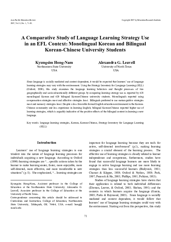 (PDF) A comparative study of language learning strategy use in an efl ...