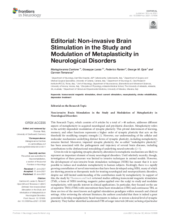 (PDF) Editorial: Non-invasive Brain Stimulation in the Study and ...