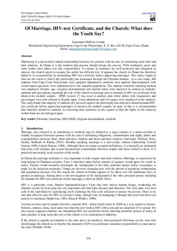 (PDF) Of Marriage, HIVtest Certificate, and the Church What does the