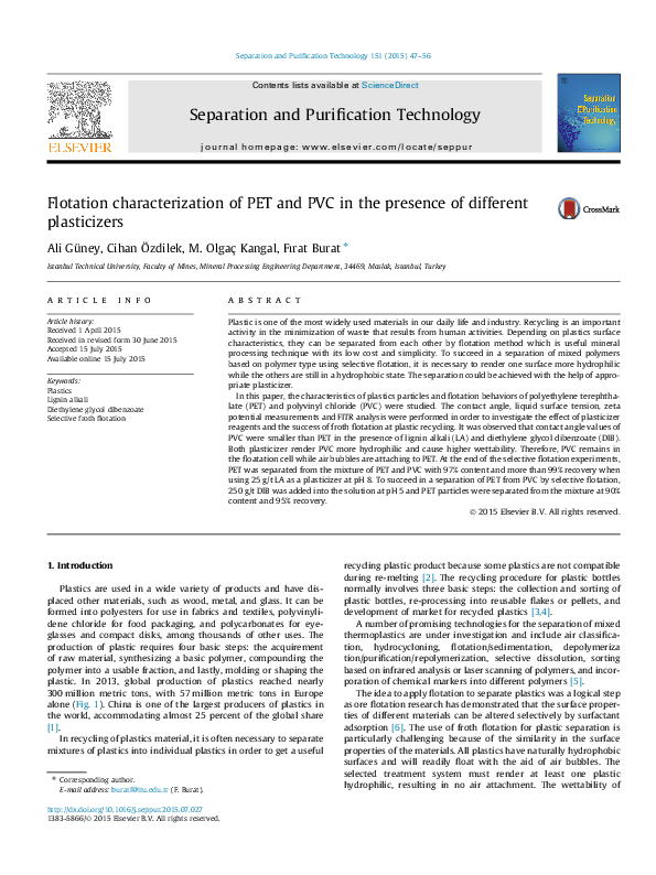 (PDF) Flotation characterization of PET and PVC in the presence of ...