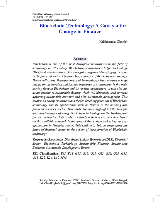 (PDF) Blockchain Technology A Catalyst for Change in Finance