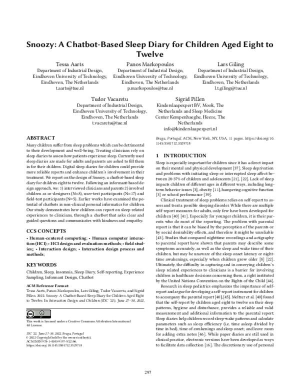 (PDF) Snoozy: A Chatbot-Based Sleep Diary for Children Aged Eight to Twelve