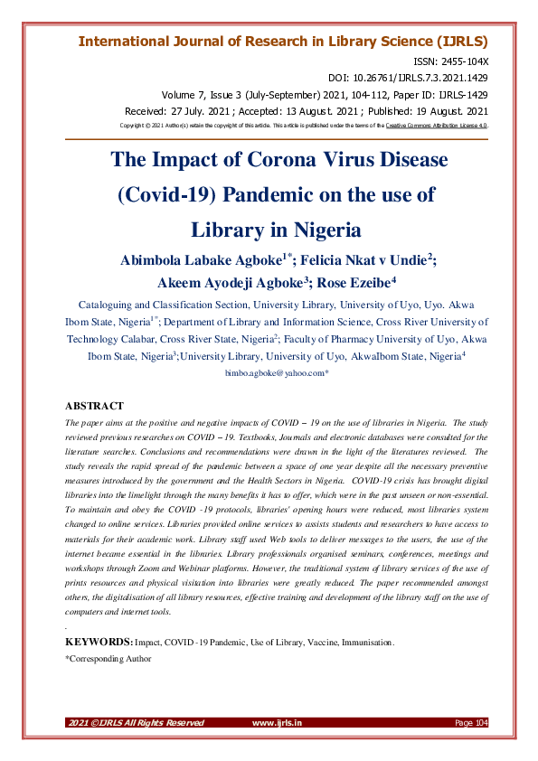 (PDF) The Impact of Corona Virus Disease (Covid-19) Pandemic on the use ...