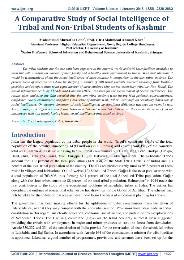 (PDF) A Comparative Study of Social Intelligence of Tribal and Non ...