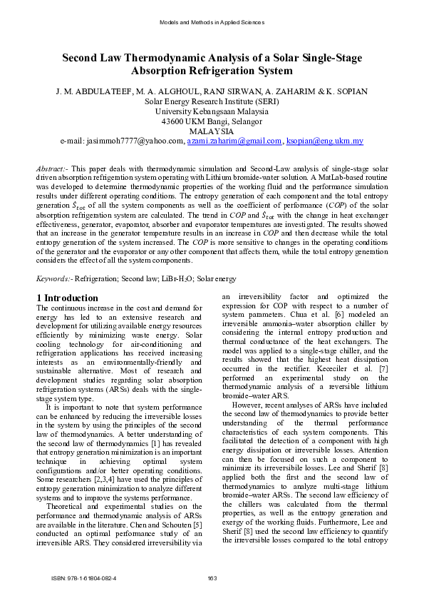 (PDF) Second Law Thermodynamic Analysis of a Solar Single-Stage ...