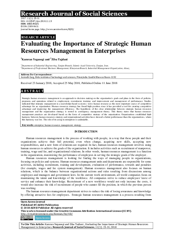 (PDF) Evaluating the Importance of Strategic Human Resources Management ...