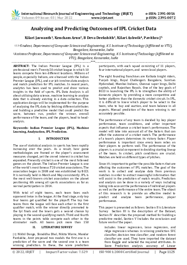 (PDF) Analyzing and Predicting Outcomes of IPL Cricket Data