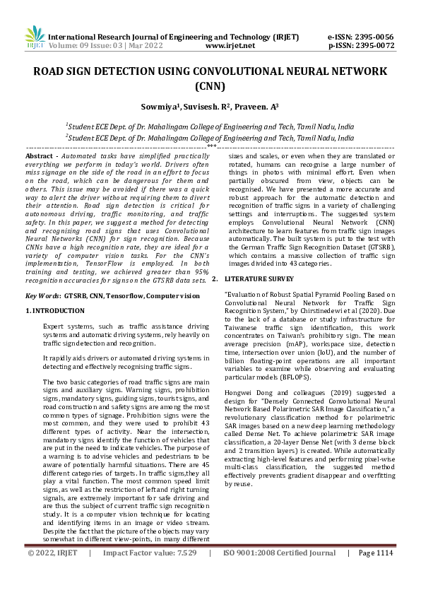(PDF) ROAD SIGN DETECTION USING CONVOLUTIONAL NEURAL NETWORK (CNN