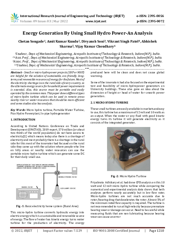 (PDF) Energy Generation By Using Small Hydro Power-An Analysis