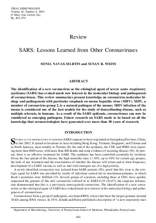 (PDF) SARS: Lessons Learned from Other Coronaviruses