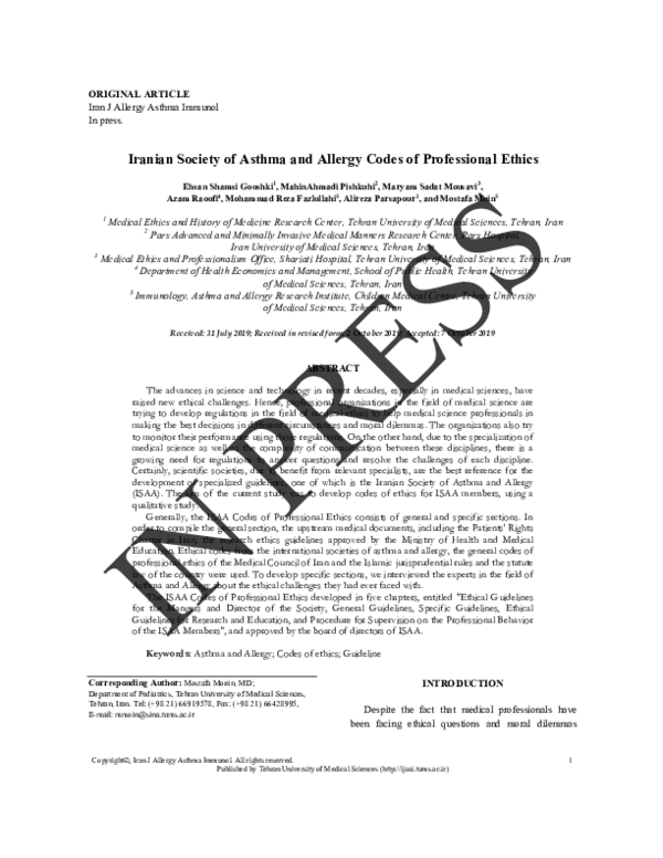 (PDF) Iranian Society of Asthma and Allergy Codes of Professional