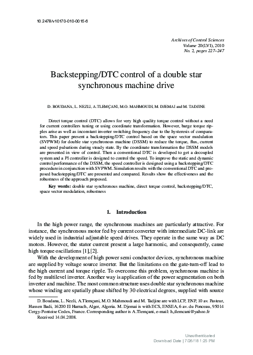 (PDF) Backstepping/DTC control of a double star synchronous machine drive