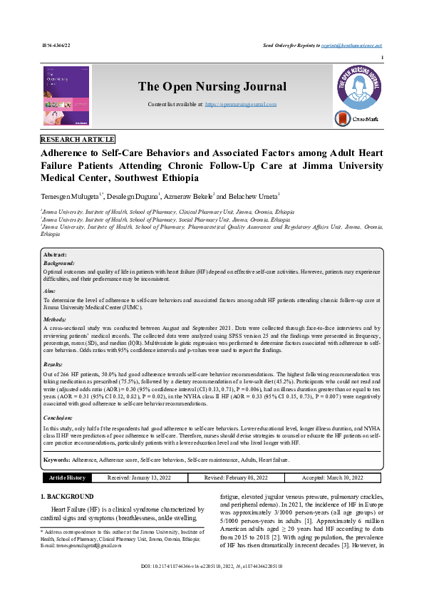 (PDF) Adherence to Self-Care Behaviors and Associated Factors among ...