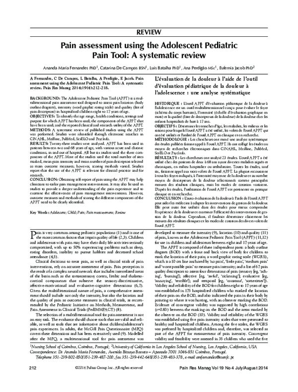 (PDF) Pain Assessment Using The Adolescent Pediatric Pain Tool A