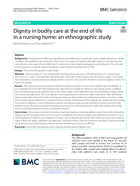 (PDF) Dignity in bodily care at the end of life in a nursing home: an ...
