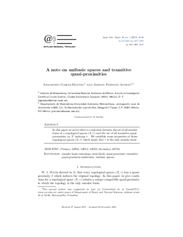 (PDF) A note on unibasic spaces and transitive quasi-proximities